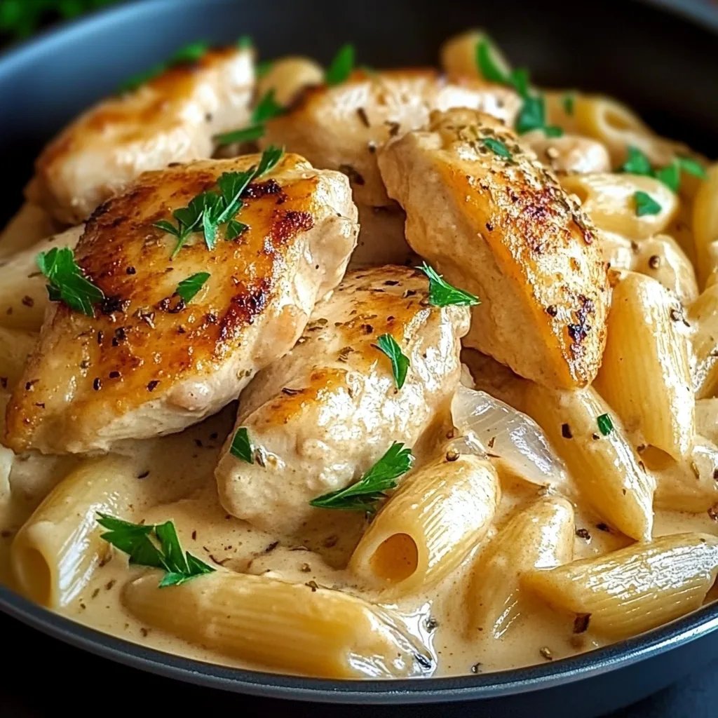 Zarte Hähnchenstreifen mit cremigen Nudeln in sahniger Sauce