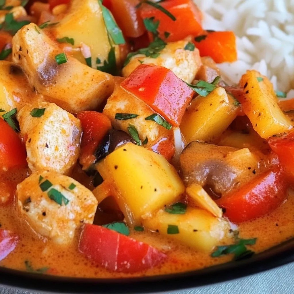 Paprika-Sahne-Hähnchen mit Reis